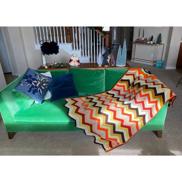 vintage 70s Orange Brown CHEVRON Zig Zag KNIT AFGHAN handmade blanket home decor - Picture 5 of 9